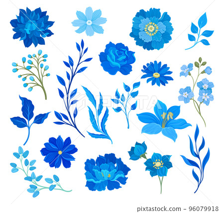 Blue Flowers with Lush Petals and Stem Big Vector Set 96079918