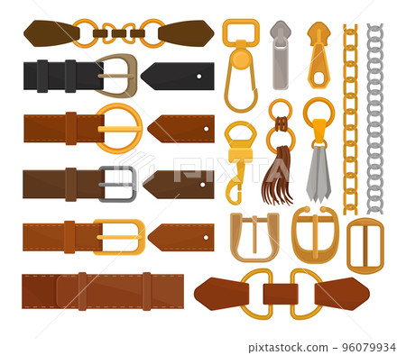 Leather Belt and Chain with Buckle or Clasp and Tassel as Band or Strap Worn Around the Waist Vector Set 96079934