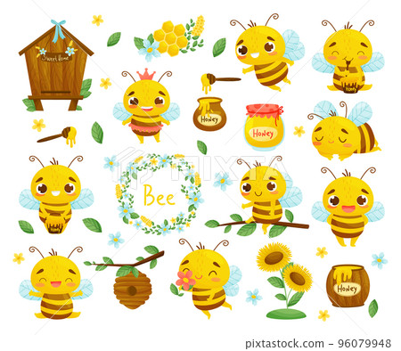Cute Little Bee with Striped Body with Sweet Honey and Honeycomb Big Vector Set 96079948