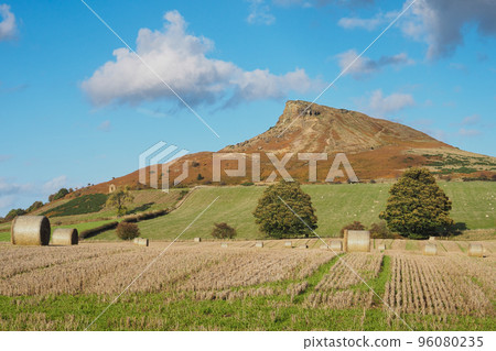 View to summit of Roseberry Topping over field of hay bales, North York Moors 96080235