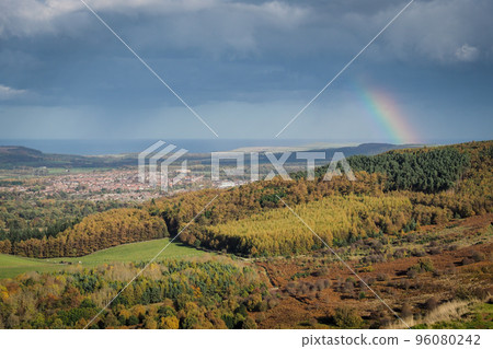 View from Roseberry Topping with rainbow over Guisborough, North York Moors 96080242