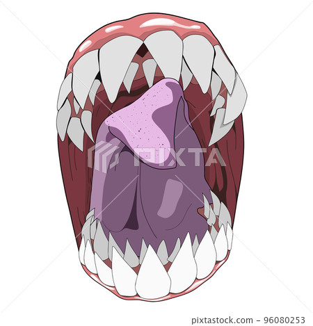 Monster mouth. Funny facial expression, open mouth with tongue and drool. Scary lips teeth and tongue monster. Halloween monster mouth Monster mouth. Funny facial expression, open mouth with tongue and drool. Scary lips teeth and tongue monster. Halloween monster mouth 96080253