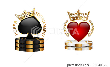 Poker tournament emblem logo isolated on white background. Black spades in golden crown on stack of black casino chips. Royal red hearts in laurel wreath. Vector VIP casino sign design set 96080322