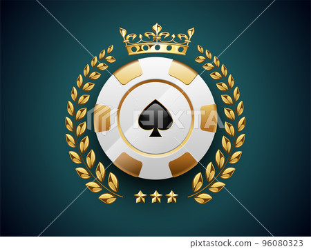 VIP poker luxury white and golden chip vector casino logo concept. Royal poker club emblem with crown, laurel wreath and spade on turquoise background 96080323