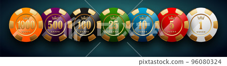 Golden poker chips in different glossy colors and denominations. Black jack poker club casino crown emblem isolated on turquoise background. Vector VIP casino chip icon expensive design Golden poker chips in different glossy colors and denominations. Black jack poker club casino crown emblem isolated on turquoise background. Vector VIP casino chip icon expensive design 96080324