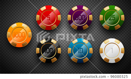 Golden poker chips in different glossy colors and denominations. Black jack poker club casino emblem isolated on transparent background. Vector VIP casino chip icon design Golden poker chips in different glossy colors and denominations. Black jack poker club casino emblem isolated on transparent background. Vector VIP casino chip icon design 96080325