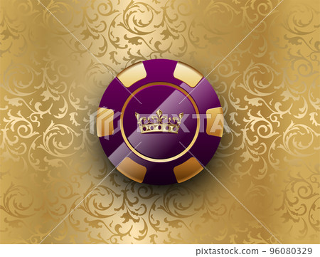 Purple gold poker chip glossy black jack poker club casino crown emblem on golden floral pattern background. Vector VIP casino chip luxury icon design. Royal casino background 96080329