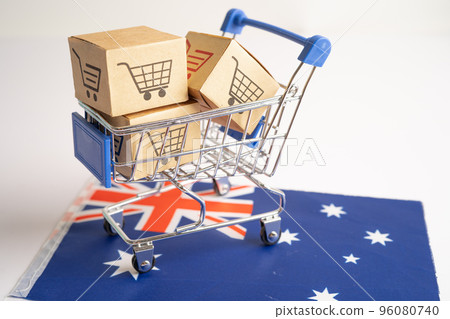 Box with shopping cart logo and Australia flag, Import Export Shopping online or eCommerce finance delivery service store product shipping, trade, supplier concept. Box with shopping cart logo and Australia flag, Import Export Shopping online or eCommerce finance delivery service store product shipping, trade, supplier concept. 96080740