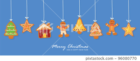 christmas card with hanging gingerbread cookies decoration on blue background 96080770