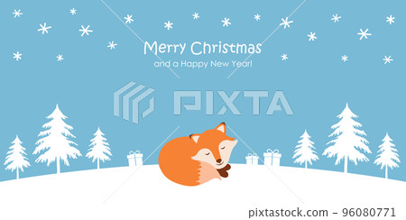 christmas greeting card with fox on snowy winter landscape 96080771