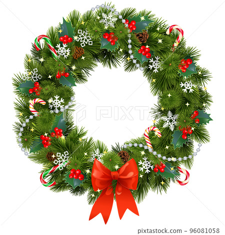 Vector Christmas Pine Fluffy Wreath with Red Berry 96081058