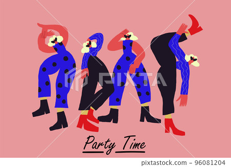 Set of vector cartoon flat trendy characters friends in joyful happy mood.Young people celebrate success,jumping happily,rejoice together-communication,emotions,friendship,positive social concept 96081204