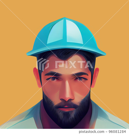 Portrait of a miner in a helmet. Head of a bearded builder in a hard hat. Digital illustration. Portrait of a miner in a helmet. Head of a bearded builder in a hard hat. Digital illustration. 96081284