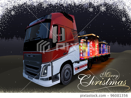 Christmas Card with a Truck and Trailer Full of Gifts 96081356