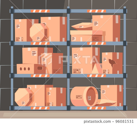 Shelves with boxes. Warehouse with racks of cardboard package containers, storehouse with crate of carton delivery cargo goods. Vector flat illustration Shelves with boxes. Warehouse with racks of cardboard package containers, storehouse with crate of carton delivery cargo goods. Vector flat illustration 96081531