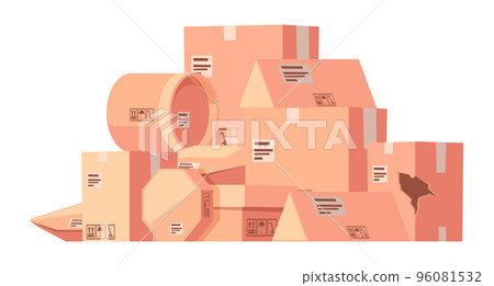 Stacked cardboard boxes. Pile of sealed carton delivery parcel flat style, warehouse of cargo packaging stockpile, shipping storage concept. Stacked cardboard boxes. Pile of sealed carton delivery parcel flat style, warehouse of cargo packaging stockpile, shipping storage concept. 96081532