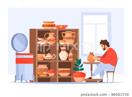 Pottery workshop. Ceramic workplace with kiln pottery wheel shelves clay utensil, cartoon characters making handmade clay crockery. Vector illustration 96081550