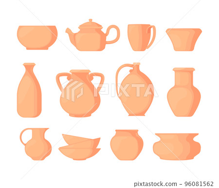 Clay vases. Ceramic ancient pottery kitchenware, earthenware cup pot vessel kettle jar pitcher utensil decorative cookware assortment flat style. Vector set 96081562