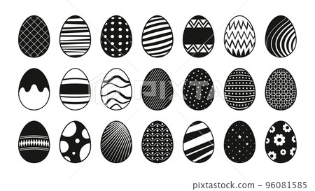 Easter eggs black icons. Abstract decorative elements for traditional spring holiday celebration, flat doodle stencil egghunting decoration. Vector set 96081585