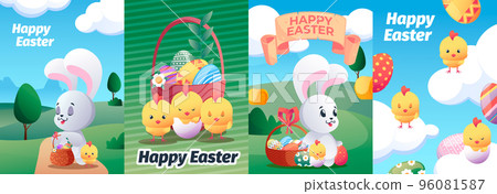 Easter posters. Abstract modern posters with cartoon colorful eggs cute bunnies chicks for spring holiday celebration postcard. Vector background set 96081587