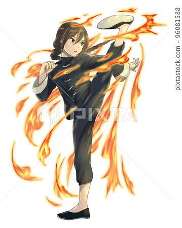 一個穿著中國服裝擺姿勢踢功夫明星式火焰效果的辮子的男人 96081588