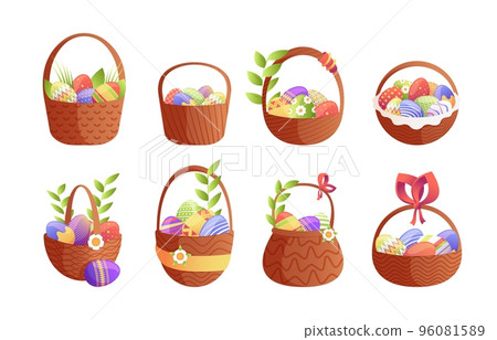 Easter eggs baskets. Cartoon childish tray with straw ribbons for holiday egghunting decoration, colorful religious symbols for greeting card. Vector set 96081589