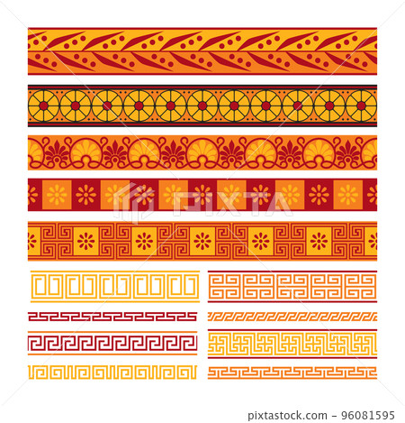 Greek horizontal pattern. Ancient meander ornament with flowers, antique mediterranean geometric floral frames borders. Vector set 96081595