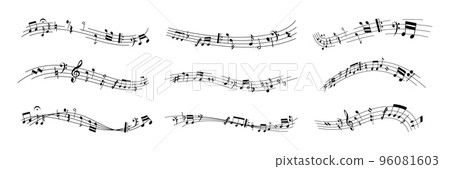 Music notes decoration. Doodle melody tune key symbols flowing on chords, rows of musical crotchets with curves and swirls. Vector isolated set Music notes decoration. Doodle melody tune key symbols flowing on chords, rows of musical crotchets with curves and swirls. Vector isolated set 96081603