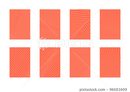 Salmon fillet pattern. Fish meat steak striped texture, raw smoked trout sashimi stripes healthy delicious diet concept. Vector isolated set Salmon fillet pattern. Fish meat steak striped texture, raw smoked trout sashimi stripes healthy delicious diet concept. Vector isolated set 96081609
