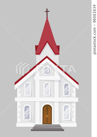 White catholic church with red roof isolated on gray background. Isolated vector illustration. 96081634
