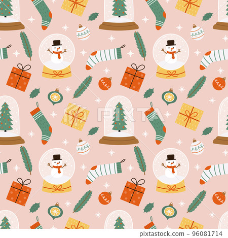 Seamless Christmas and New Year pattern. Snow globe, gifts, socks on a pink background. 96081714