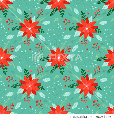 Christmas seamless pattern with poinsettia flowers, branches and berries on a light green background. Christmas seamless pattern with poinsettia flowers, branches and berries on a light green background. 96081726