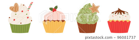 Christmas cupcakes set. Various holiday cupcakes in flat cartoon style. 96081737