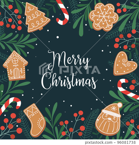 Merry Christmas. Template for a holiday card or print with gingerbread, lollipops and winter plants. Merry Christmas. Template for a holiday card or print with gingerbread, lollipops and winter plants. 96081738