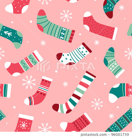 Christmas seamless pattern with bright Christmas socks and snowflakes on a pink background Christmas seamless pattern with bright Christmas socks and snowflakes on a pink background 96081739