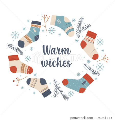 Warm wishes. Cute template with warm socks, winter plants and an inscription. Flat style white background. 96081743