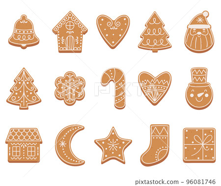 Set of Christmas gingerbread cookies in flat cartoon style. 96081746