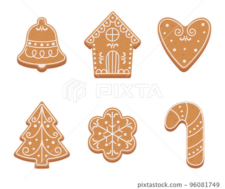 Set of Christmas gingerbread cookies in flat cartoon style. Set of Christmas gingerbread cookies in flat cartoon style. 96081749