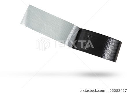 Roll of black adhesive tape isolated on white background. Reinforced black duct tape falls, casting a shadow. Unwound roll of electrical tape. 96082437