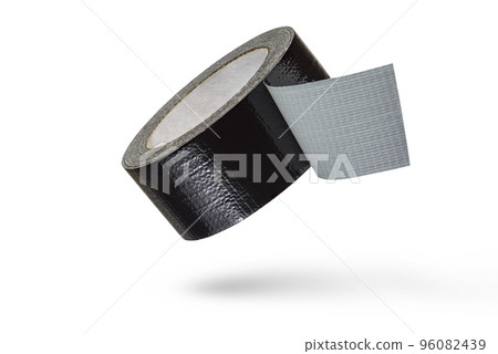 Roll of black adhesive tape isolated on white background. Reinforced black duct tape falls, casting a shadow. Unwound roll of electrical tape. 96082439