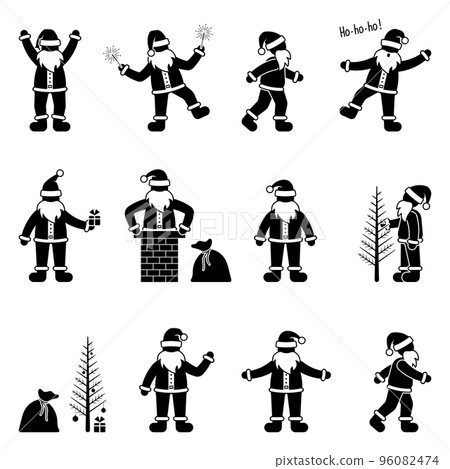 Santa Claus stick figure snowman vector set. Stickman with new year tree, waving, jumping in chimney icon pictogram 96082474