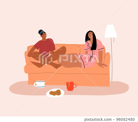 two girls are talking sitting on the couch. Women friendship and communication. Flat vector illustration. Vector illustration two girls are talking sitting on the couch. Women friendship and communication. Flat vector illustration. Vector illustration 96082480