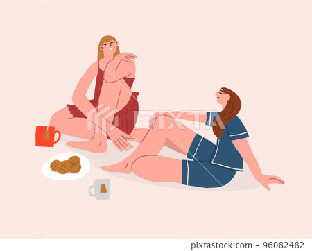 two girls are talking and drinking tea. Women friendship and communication. Flat vector illustration. Vector illustration two girls are talking and drinking tea. Women friendship and communication. Flat vector illustration. Vector illustration 96082482