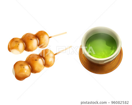 Tea and Mitarashi dumpling Japanese style illustration set-hand drawn material 96082582