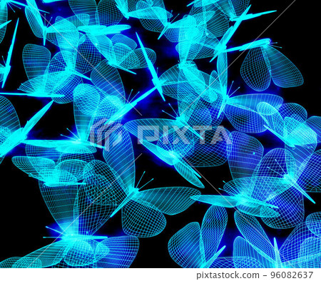 Flock of blue neon polygonal butterflies consisting of lines. Wireframe technology structure Flock of blue neon polygonal butterflies consisting of lines. Wireframe technology structure 96082637