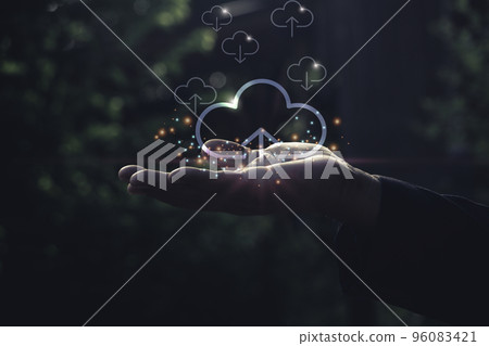 Hand is holding cloud uploading data on the Internet online Hand is holding cloud uploading data on the Internet online 96083421