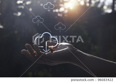 Hand is holding cloud uploading data on the Internet online Hand is holding cloud uploading data on the Internet online 96083422