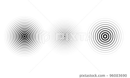 Concentric ripple circles set. Sonar or sound wave rings collection. Epicentre, target, radar icon concept. Radial signal or vibration elements. 96083690