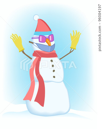 Comic installation. Snowman in protective glasses and medical respiratory mask. 96084197
