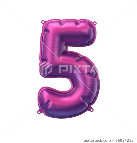 3D Render of pink purple inflatable foil balloon 5 figure. Party decoration element. Number five isolated on white background. New year celebration postcard part. Graphic element sign for web design 96084282